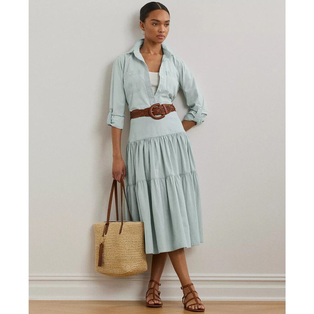 Lauren Ralph Lauren Women's Chambray Tiered Midi Skirt Sage Green Size 16 0826